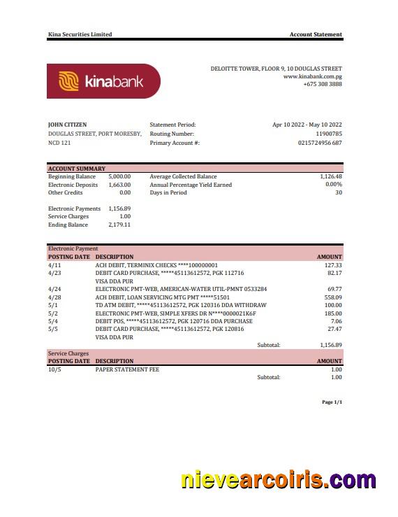 Papua New Guinea Kina Securities Limites bank statement Excel and PDF